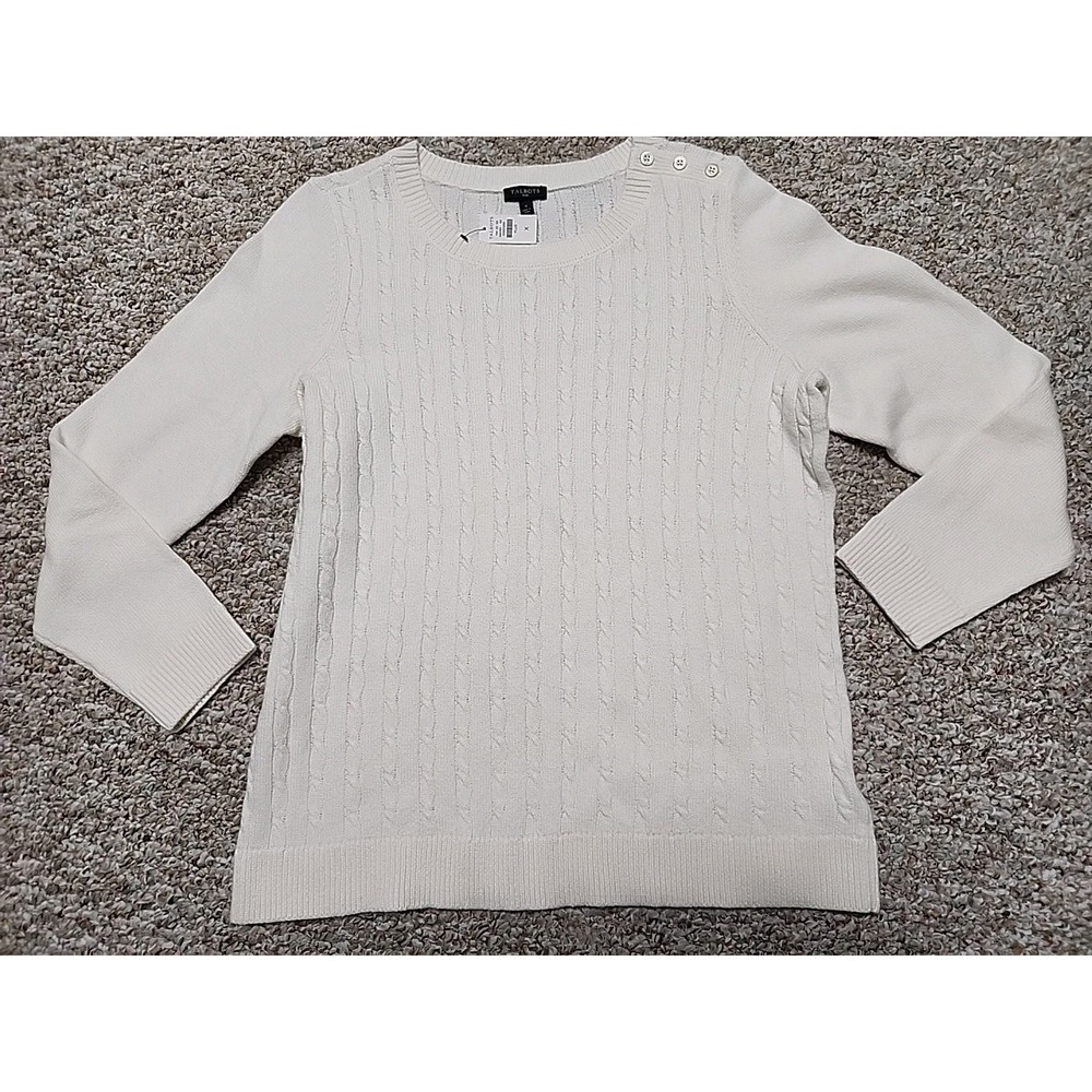 Talbots Plus Cream White Cable Knit Sweater Shoulder Button Crew Neck Size X NWT